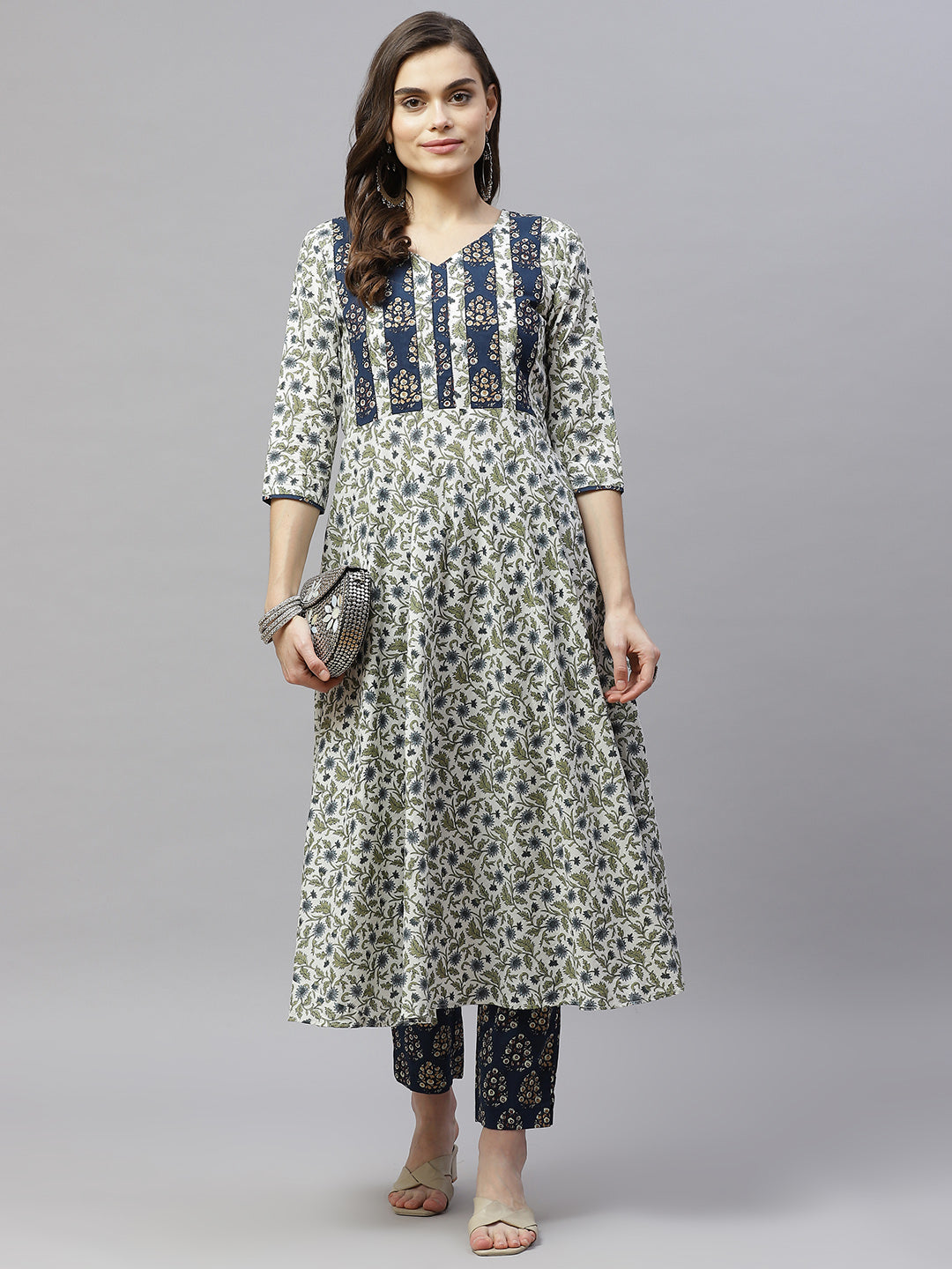 Women's Floral Printed Anarkali Pure Cotton Kurta With Palazzo Set