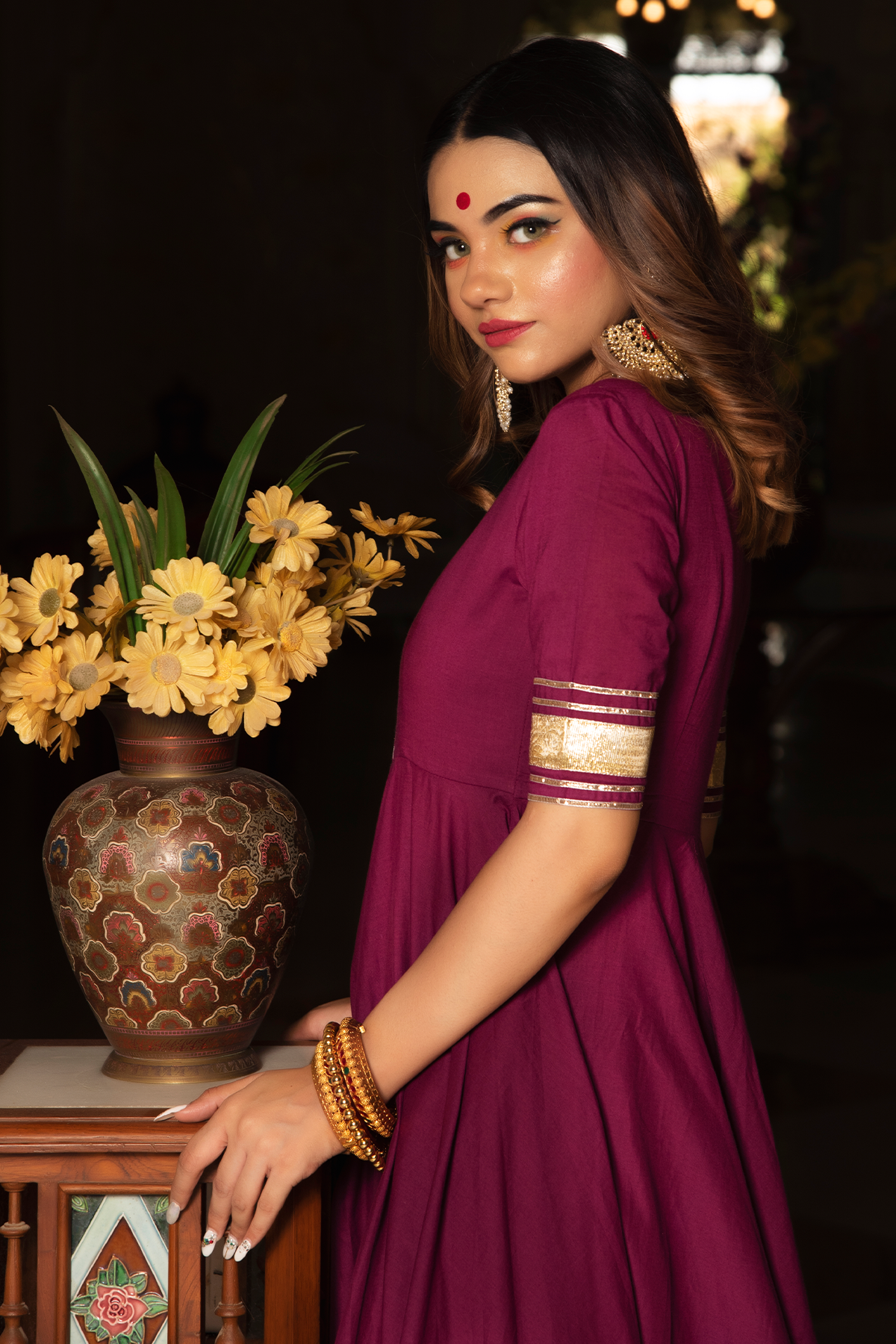 Women's BURGUNDY PURE COTTON ANARKALI SET - Pomcha Jaipur