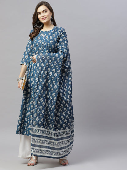 Women's Cotton Floral Print Anarkali Kurta With Dupatta