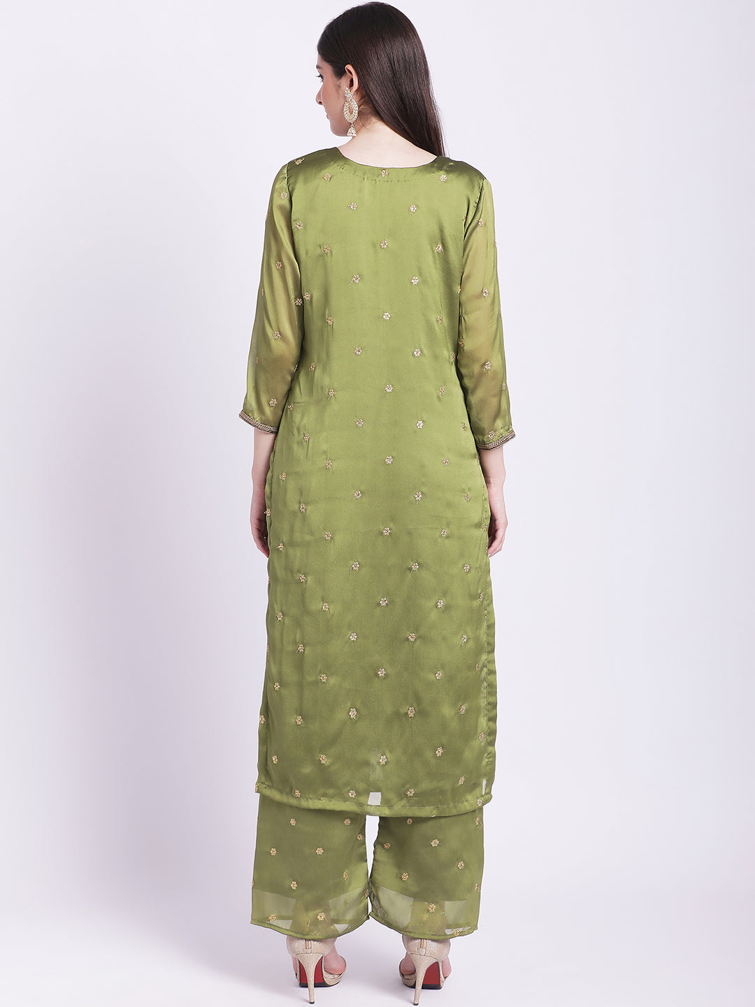 Women's Glam Green Embroidered Kurti With Straight Palazzo