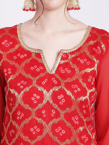 Women's Red Bandhej Bridal Kurti With Straight Palazzo