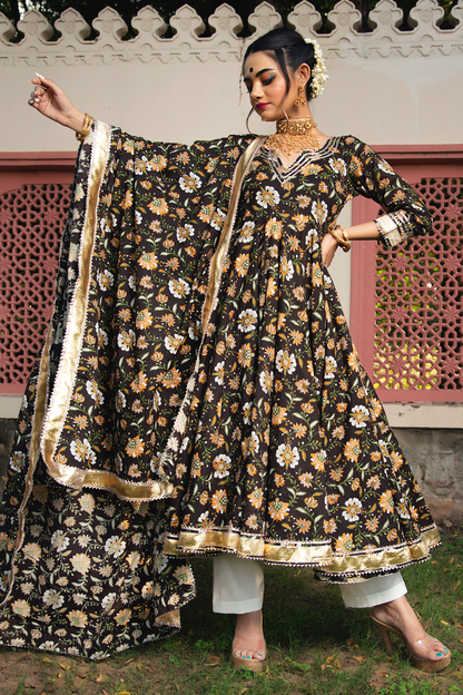 Women's roop rang hand block anarkali set - Pomcha Jaipur