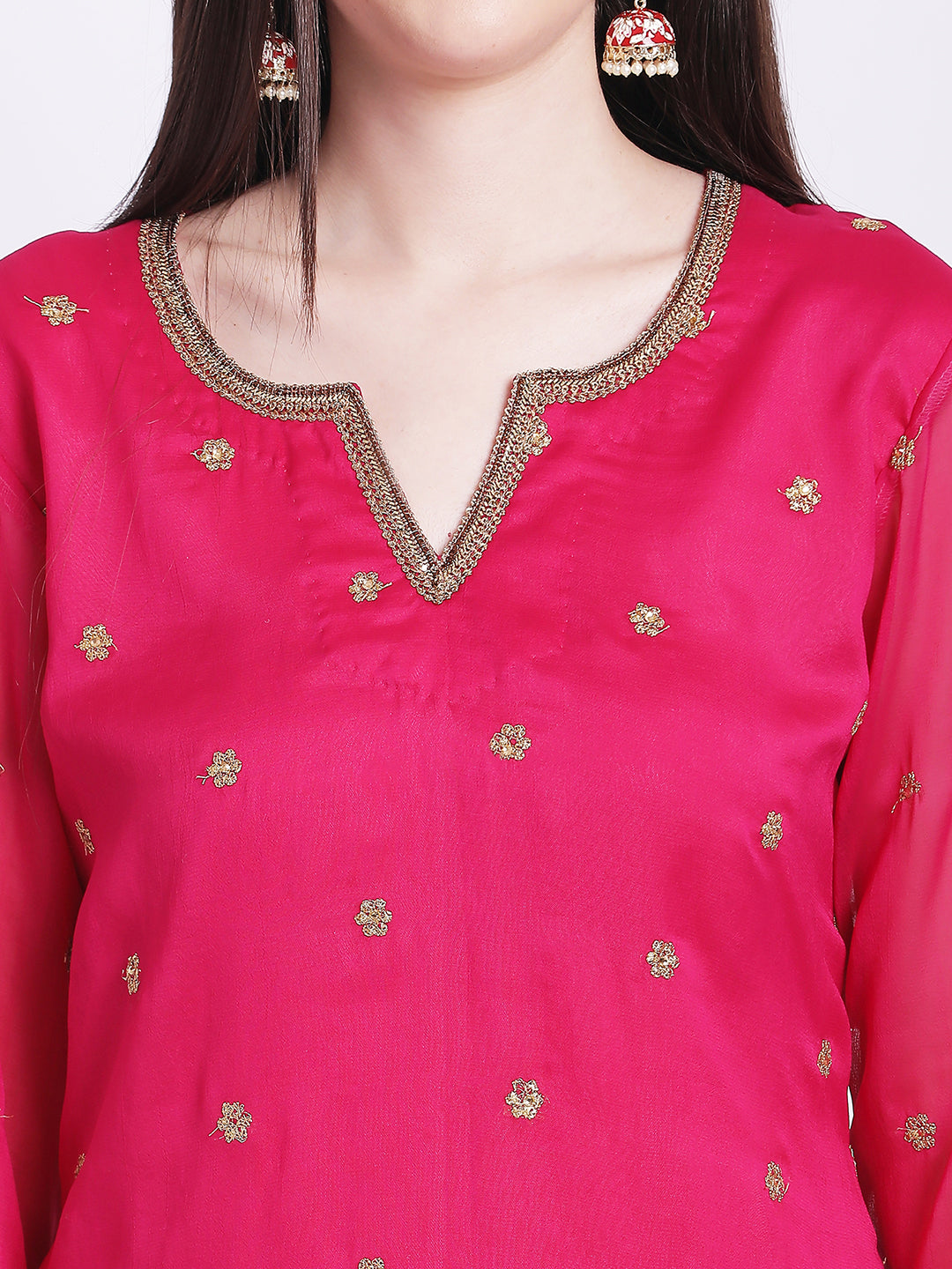 Women's Glam Pink Embroidered Kurti With Straight Palazzo