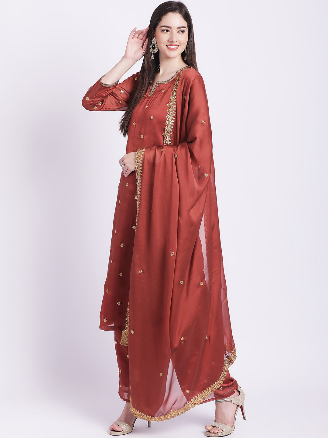 Women's Glam Rust Embroidered Kurti With Straight Palazzo And Embroidered Dupatta