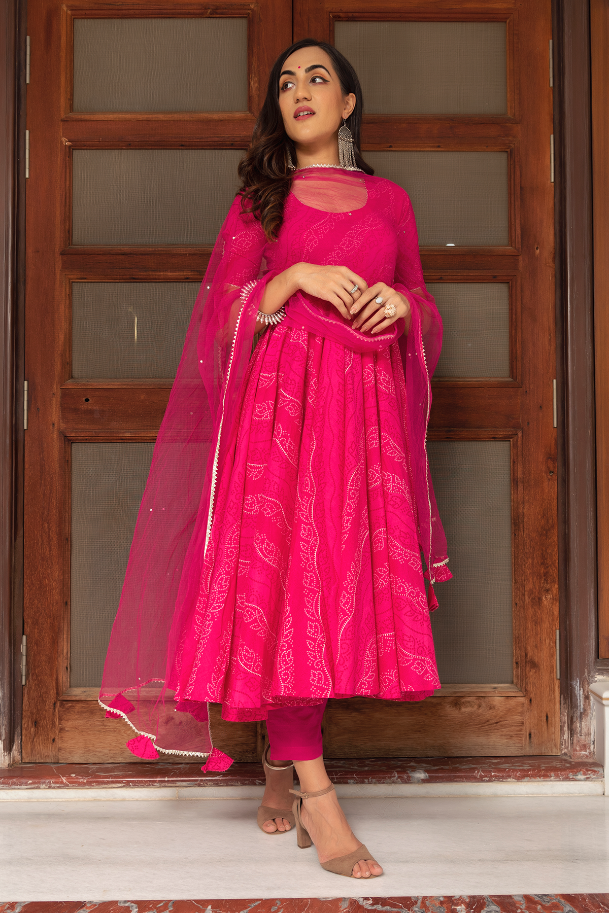 Women's Pink Anarkali suit set with Pants & Dupatta (3pcs set) - Pomcha Jaipur