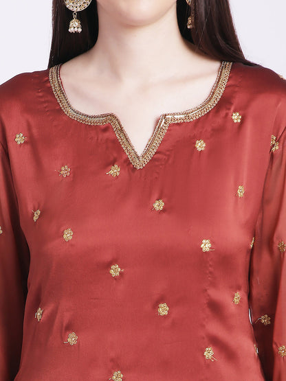 Women's Glam Rust Embroidered Kurti With Straight Palazzo