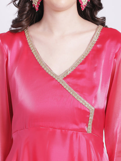 Women's Pink Dahlia Organza Anarkali With Churidar