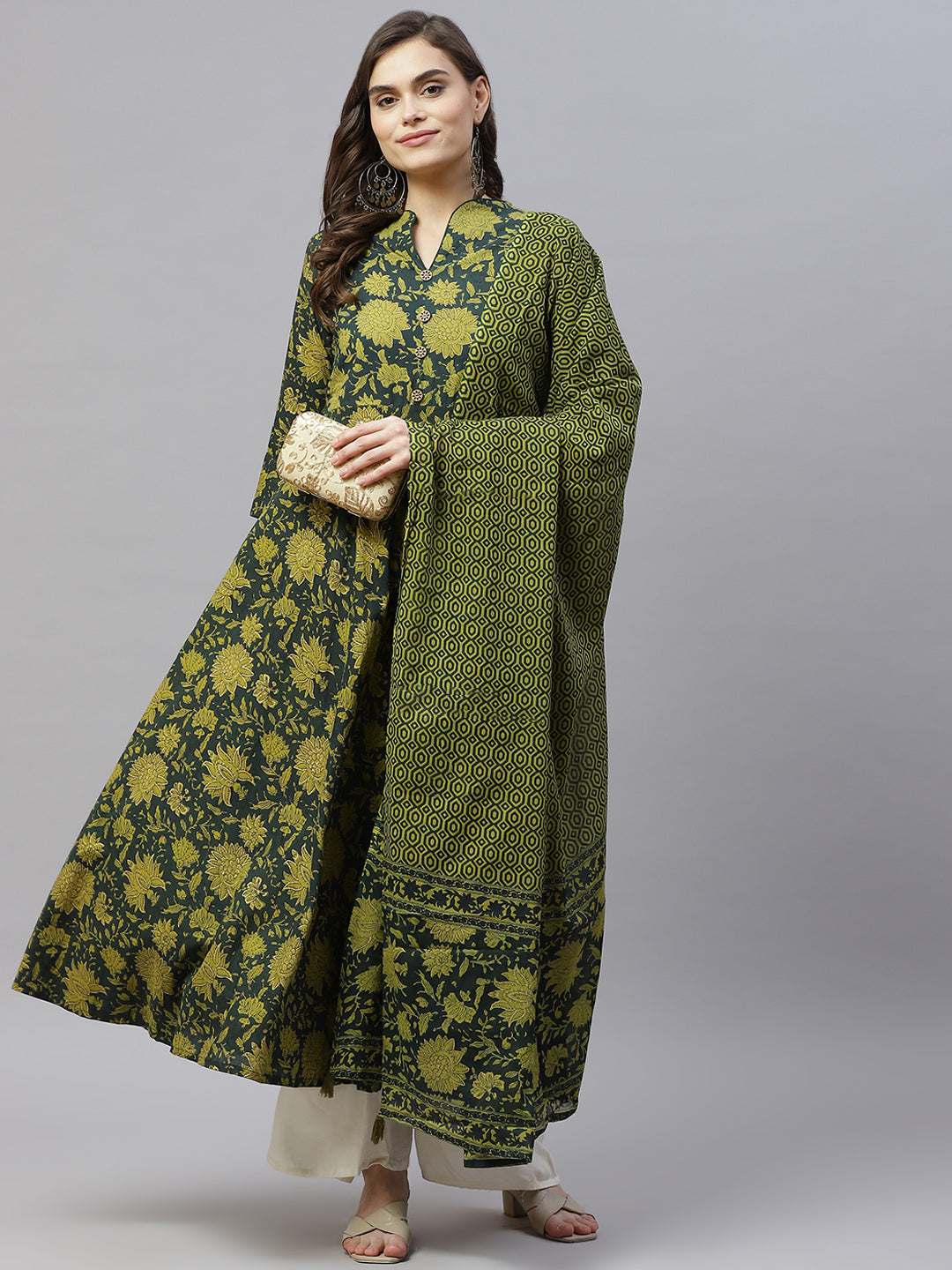 Women's Pure Cotton Printed Anarkali Kurta With Gold Print Dupatta