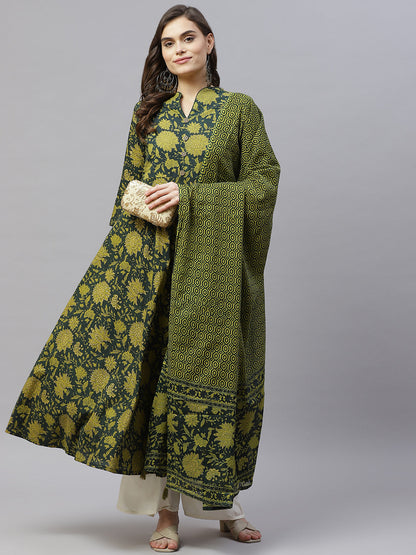 Women's Pure Cotton Printed Anarkali Kurta With Gold Print Dupatta