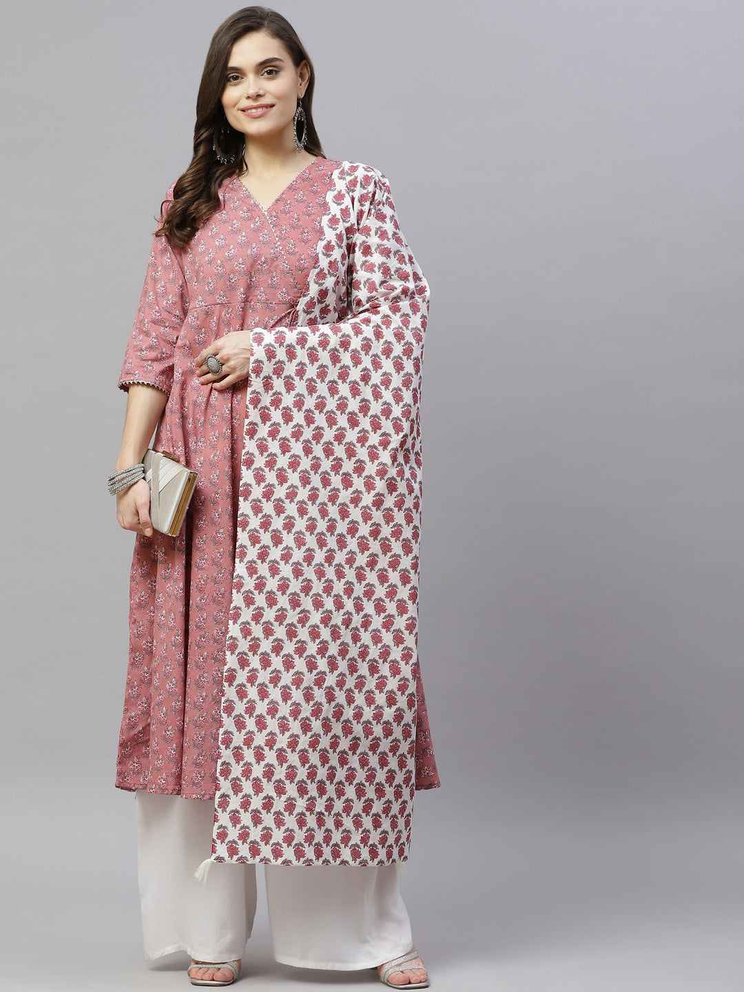 Women's Cotton Floral Print Anarkali Kurta With Dupatta