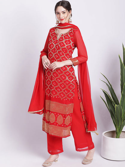 Women's Red Bandhej Bridal Kurti With Straight Palazzo Georgette Dupatta