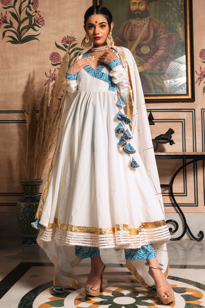 Women's White Mogra Pure Cotton Angrakha Set - Pomcha Jaipur