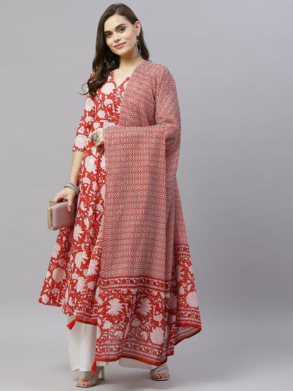 Women's Cotton Floral Printed Anarkali Kurta With Dupatta