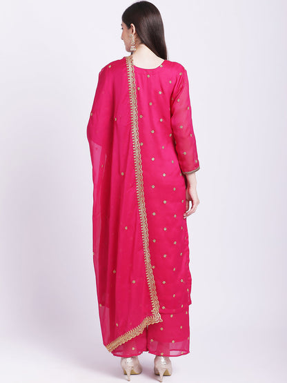 Women's Glam Pink Embroidered Kurti With Straight Palazzo And Embroidered Dupatta