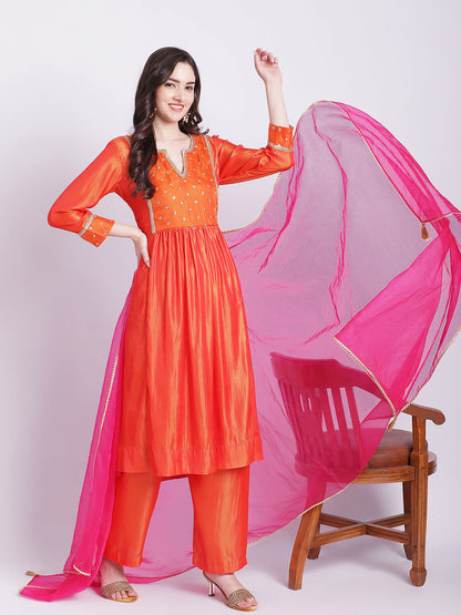 Women's Orange Punch A-Line Kurti With Straight Palazzo And Organza Dupatta