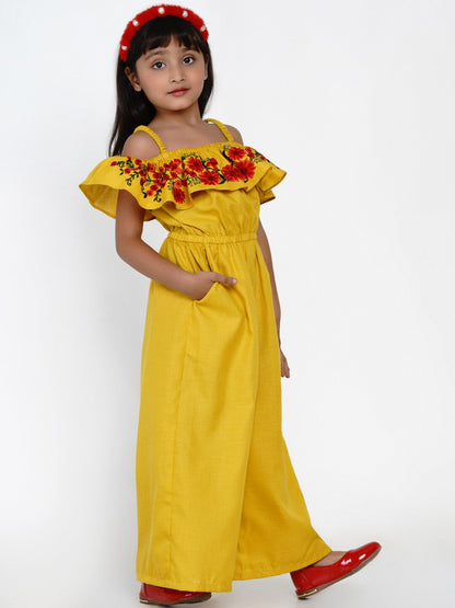 Girl's Mustard & Red Basic Jumpsuit with Embroidered