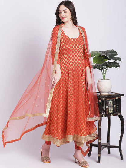 Women's Orange Banarasi Georgette Anarkali With Churidar And Net Sequin Dupatta