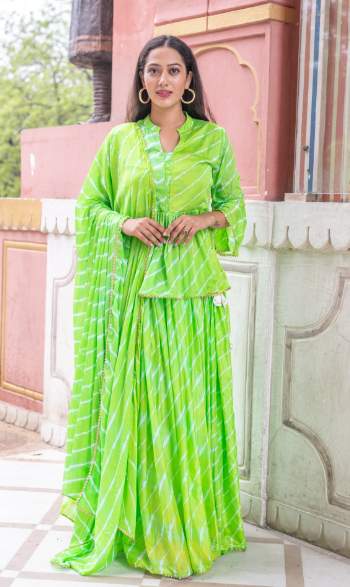 Women's Green  Upada Silk Lehenga With Bijiya And White Tassels Set