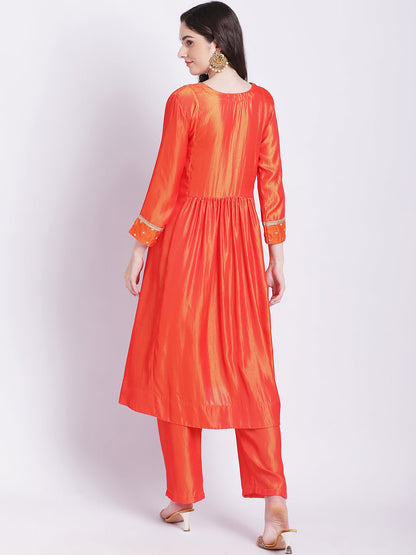 Women's Orange Punch A-Line Kurti With Straight Palazzo