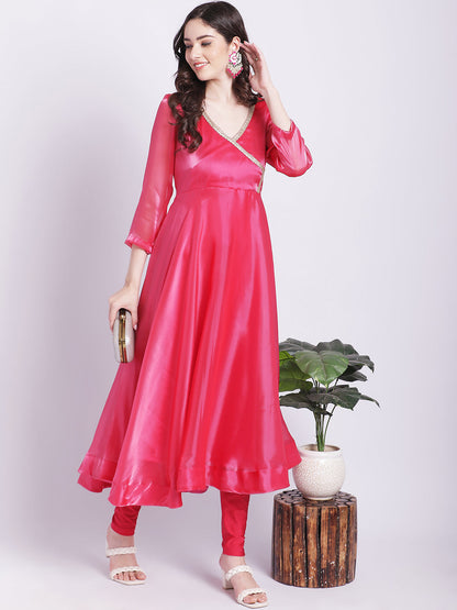 Women's Pink Dahlia Organza Anarkali With Churidar