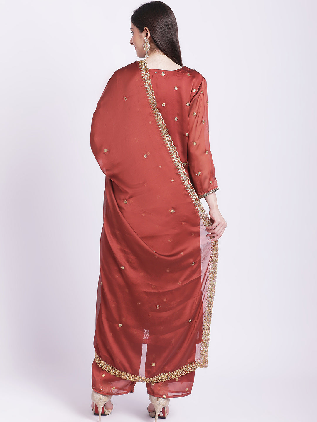 Women's Glam Rust Embroidered Kurti With Straight Palazzo And Embroidered Dupatta