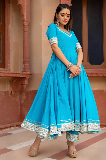 Women's Sky Blue Cotton Anarkali Kurta with Pant & Dupatta (3pcs Set) - Pomcha Jaipur