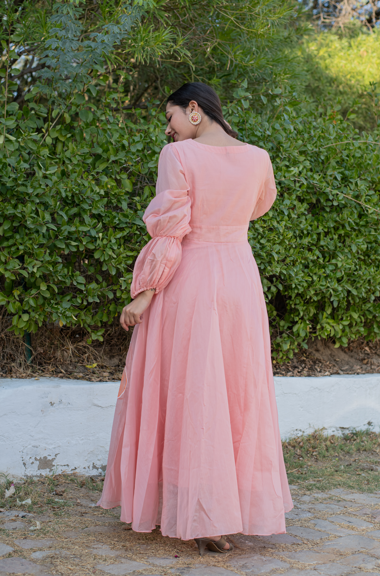 Women's Gulkaari Hand Painted Bell Sleeves Peach Gown