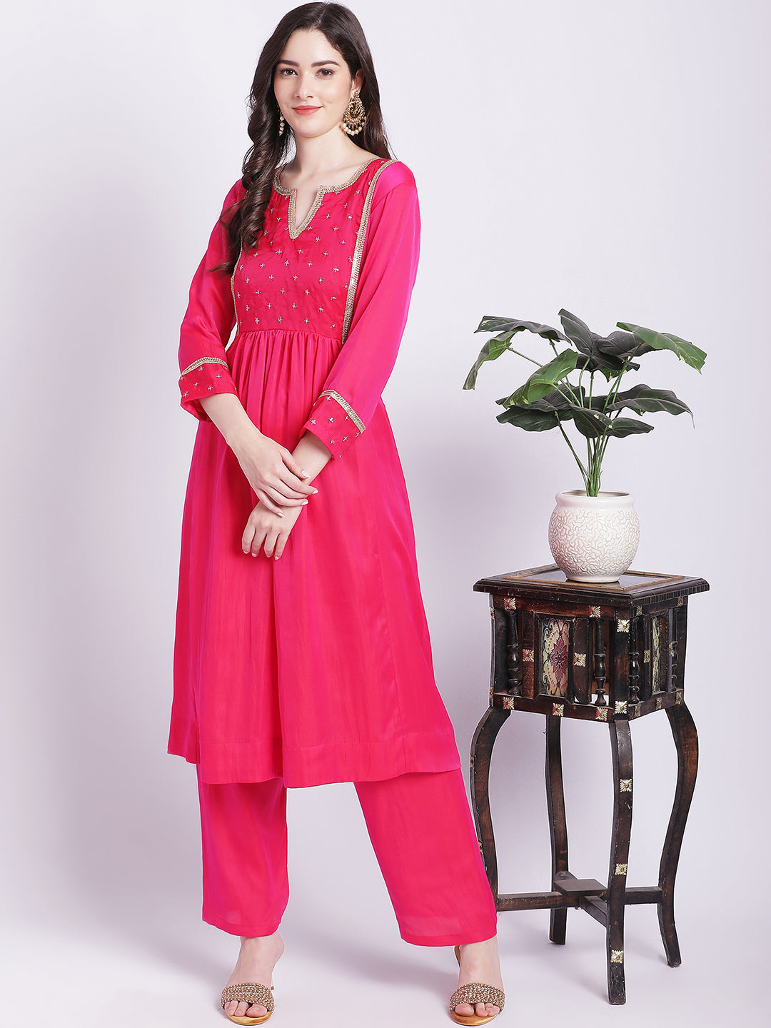 Women's Pink Punch A-Line Kurti With Straight Palazzo