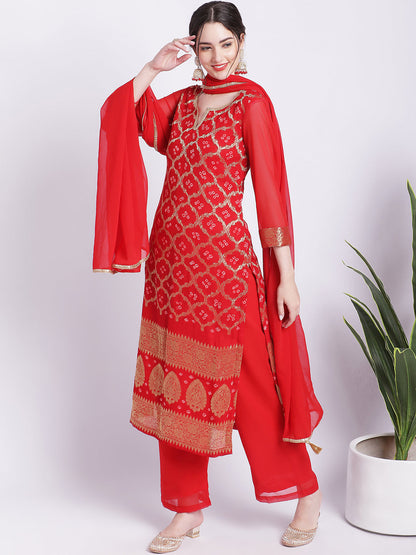 Women's Red Bandhej Bridal Kurti With Straight Palazzo Georgette Dupatta