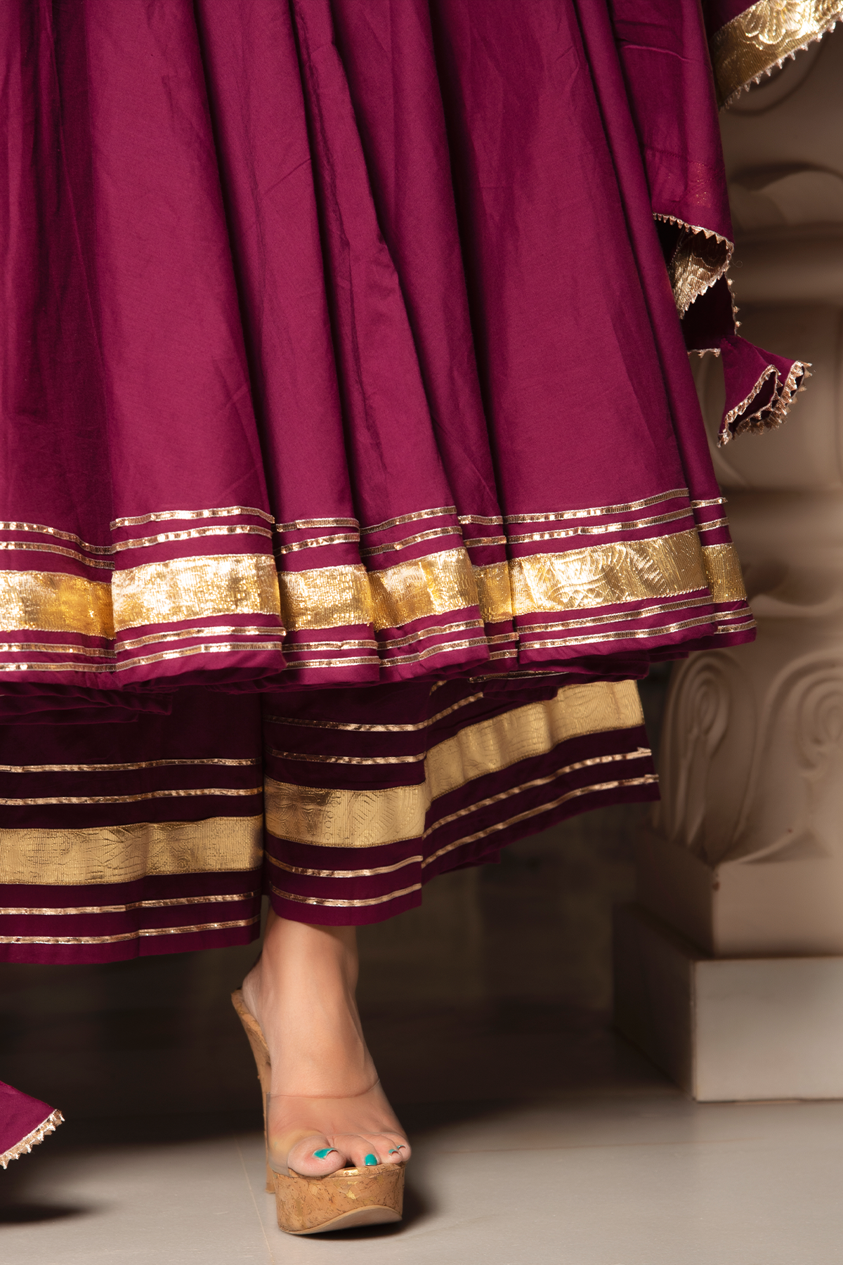 Women's BURGUNDY PURE COTTON ANARKALI SET - Pomcha Jaipur