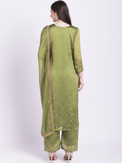 Women's Glam Green Embroidered Kurti With Straight Palazzo And Embroidered Dupatta