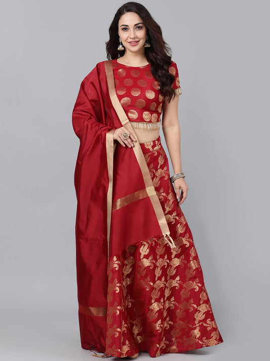 Women's Maroon Brocade Lehenga Choli With Dupatta