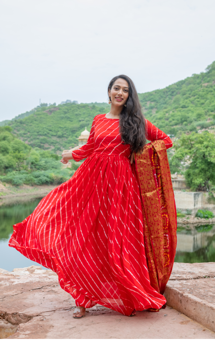 Women's Red Anarkali Gown With Dupatta Set- (2Pcs Set)