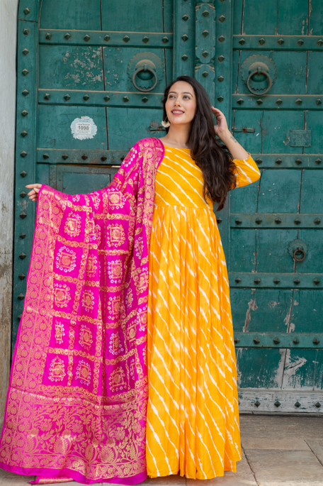 Women's Yellow & Pink Silk Anarkali Gown With Banarsi Dupatta (2Pcs Set)