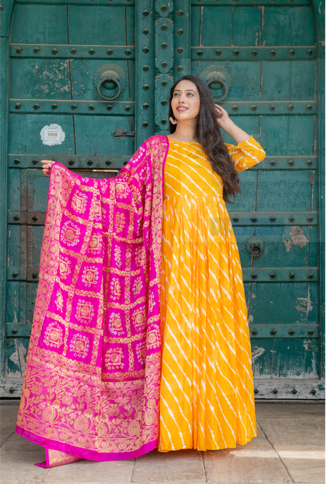 Women's Yellow & Pink Silk Anarkali Gown With Banarsi Dupatta (2Pcs Set)