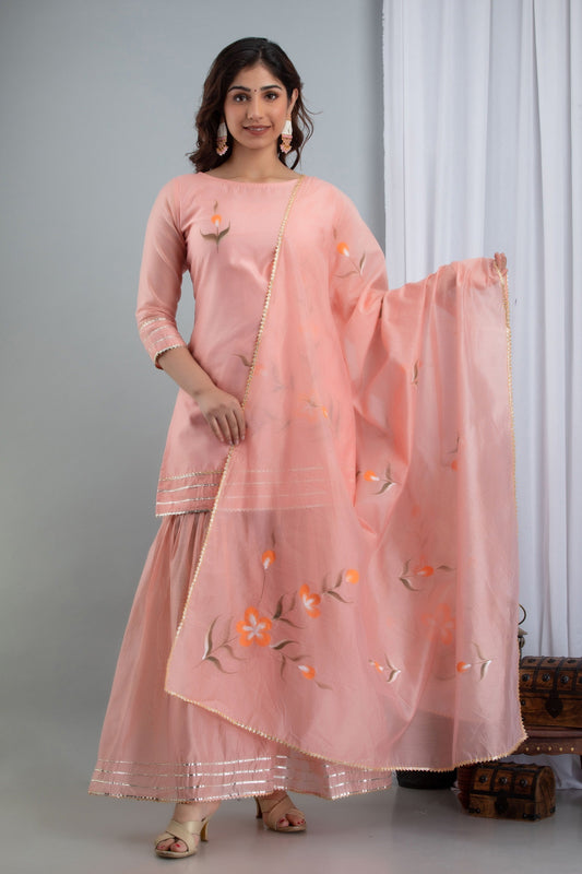 Women's Zubeida Three-Piece Set Comprising Hand Painted Chanderi Kurta Sharara And Dupatta