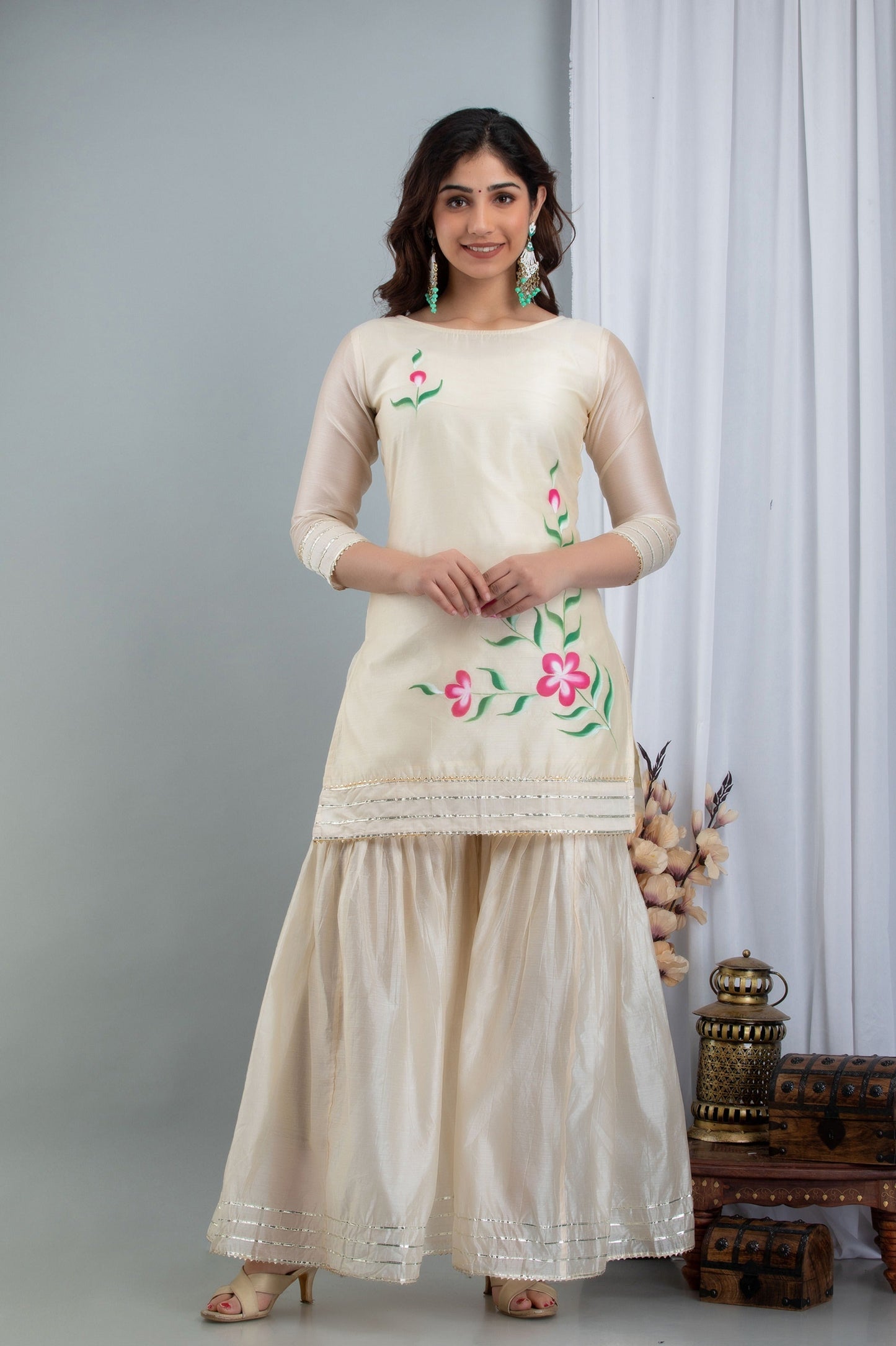 Women's Samaira Three-Piece Set Comprising Hand Painted Chanderi Kurta Sharara And Dupatta