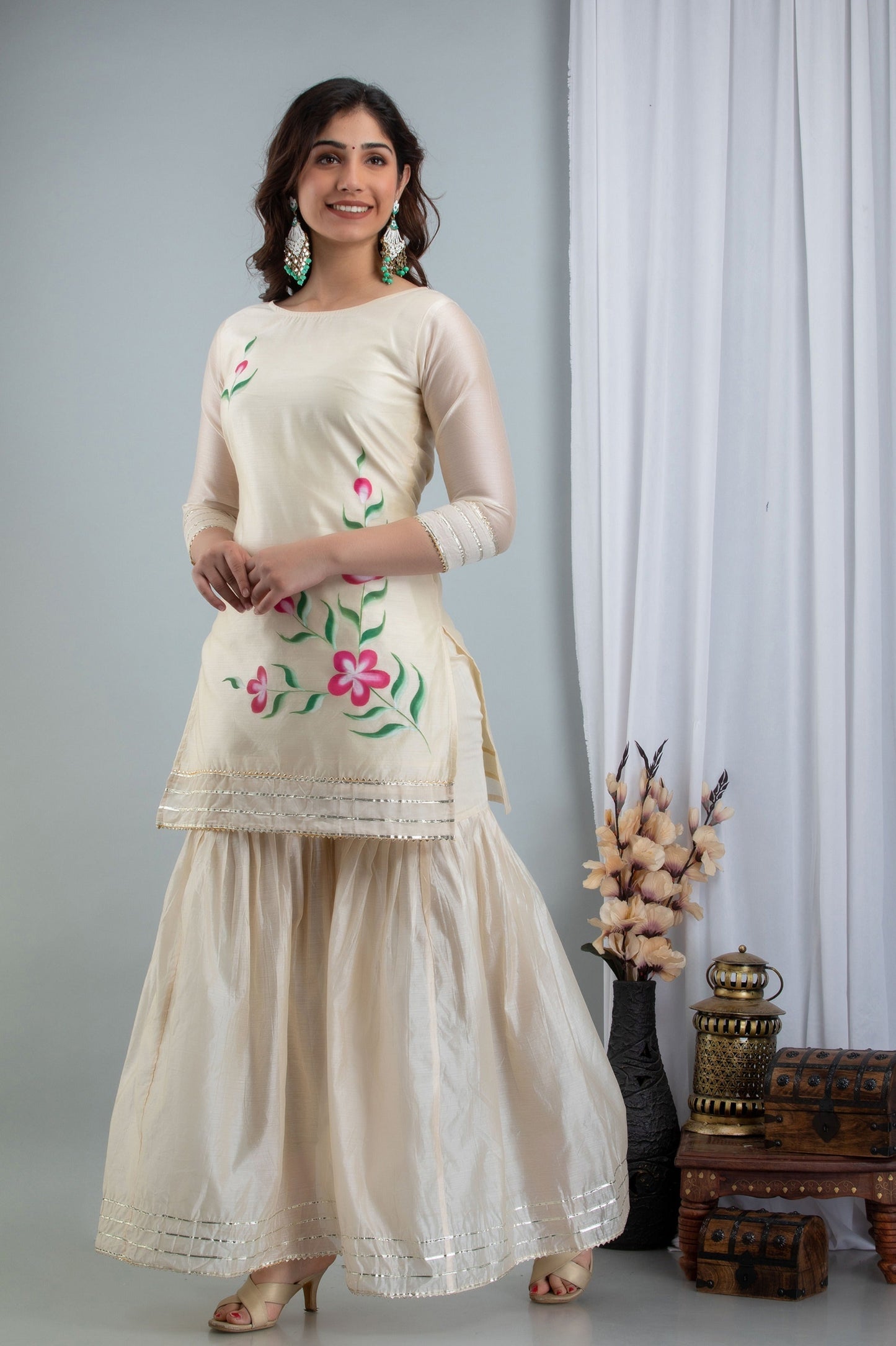 Women's Samaira Three-Piece Set Comprising Hand Painted Chanderi Kurta Sharara And Dupatta