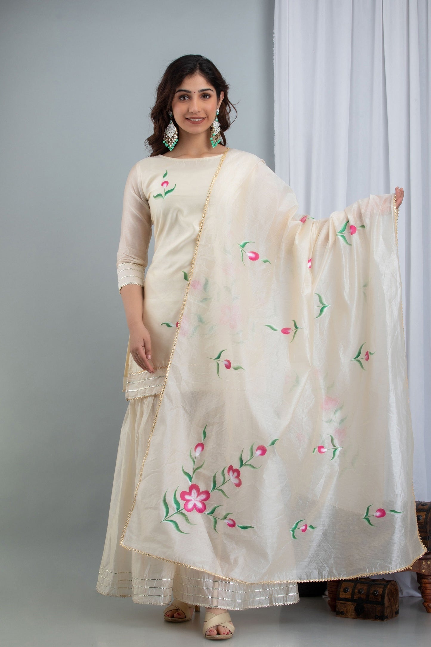 Women's Samaira Three-Piece Set Comprising Hand Painted Chanderi Kurta Sharara And Dupatta