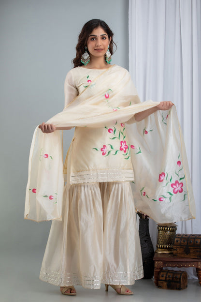 Women's Samaira Three-Piece Set Comprising Hand Painted Chanderi Kurta Sharara And Dupatta