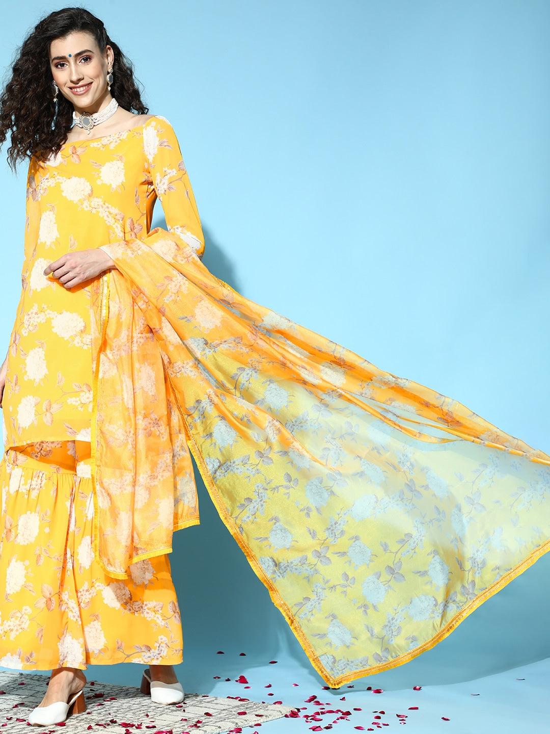 Women's Yellow Floral Print Kurta Sharara With Dupatta