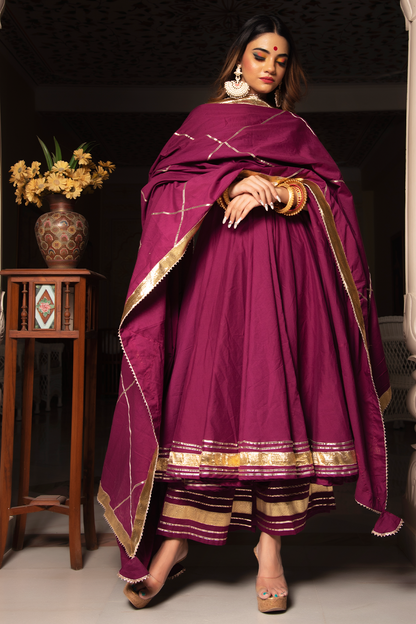 Women's BURGUNDY PURE COTTON ANARKALI SET - Pomcha Jaipur