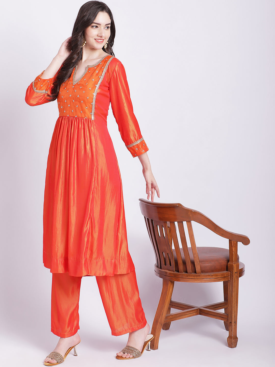 Women's Orange Punch A-Line Kurti With Straight Palazzo