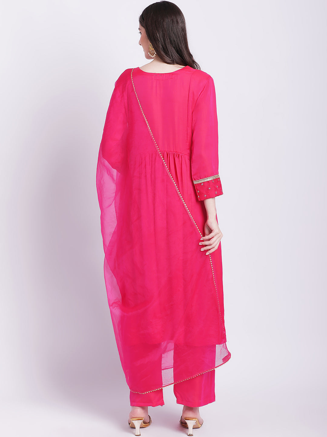 Women's Pink Punch A-Line Kurti With Straight Palazzo And Organza Dupatta