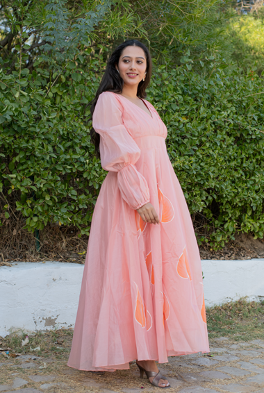 Women's Gulkaari Hand Painted Bell Sleeves Peach Gown