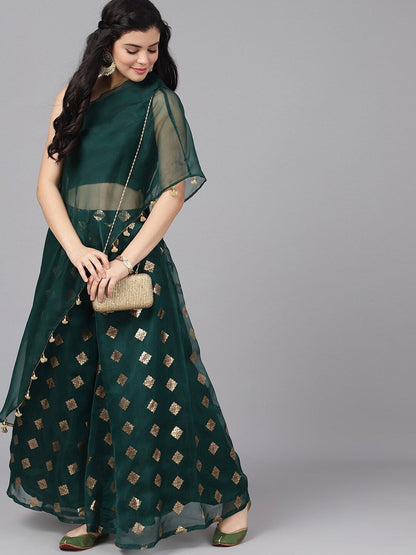 Women's Dark Green Foil Print Lehenga Choli