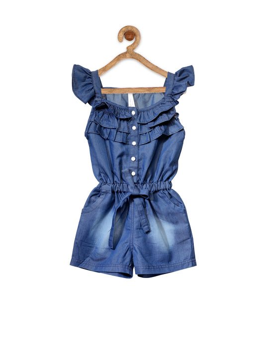 Girl's  Blue Denim Ruffled Playsuit