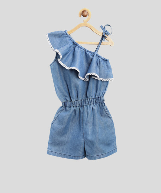 Gilr's Denim Lace Flap One Shoulder Playsuit