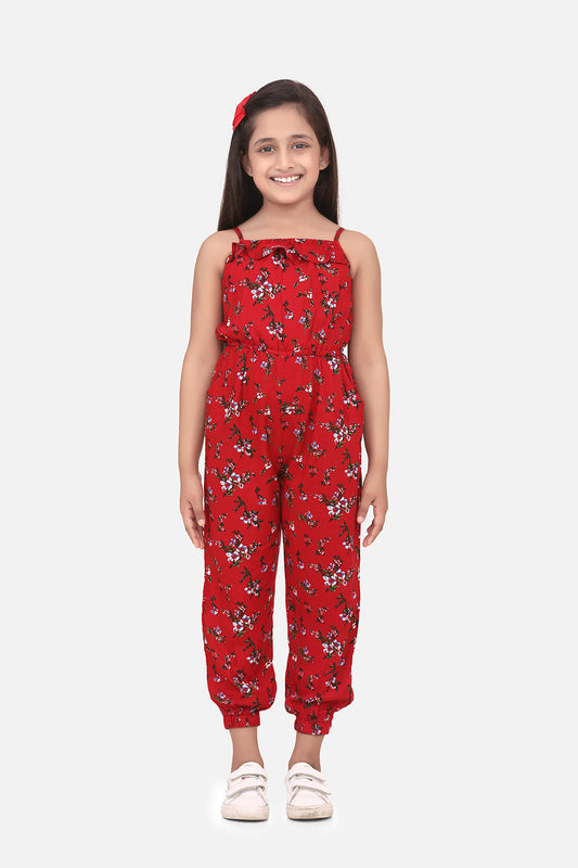 Girl's Red Printed Rayon Jumpsuit