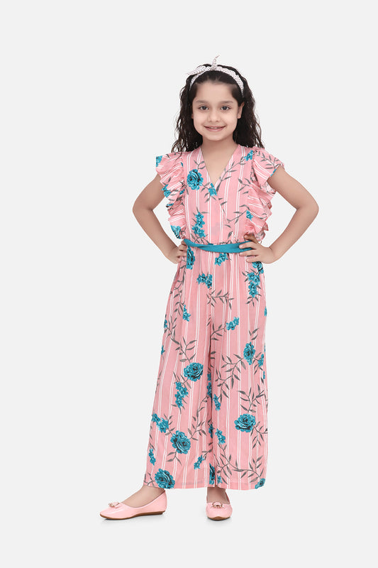 Girl's  Cotton Turquoise Floral Ruffle Sleeve Jumpsuit